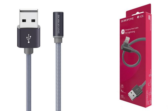 Кабель USB - Lightning BOROFONE BX26, 2,4A (серый) 1м (в оплетке, угловой)