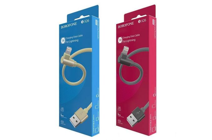 Кабель USB - Lightning BOROFONE BX26, 2,4A (серый) 1м (в оплетке, угловой)