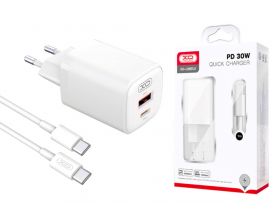 Сетевое зарядное устройство USB+USB-C + кабель Type-C-Type-C XO L96 быстрая зарядка (PD30W / USB QC18W) (Белый)