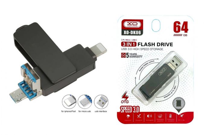 Флешка USB 3.0 XO DK06 3 in 1 OTG (USB3.0 + Lightning +Micro) 64GB Silver