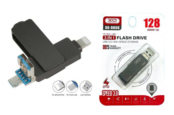 Флешка USB 3.0 XO DK06 3 in 1 OTG (USB3.0 + Lightning +Micro) 128GB Silver