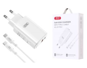 Сетевое зарядное устройство USB + USB-C + кабель Type-C – Type-C XO CE17(EU) 65W GaN Fast Charger (1USB-C 65W/1USB-A 22.5W) White