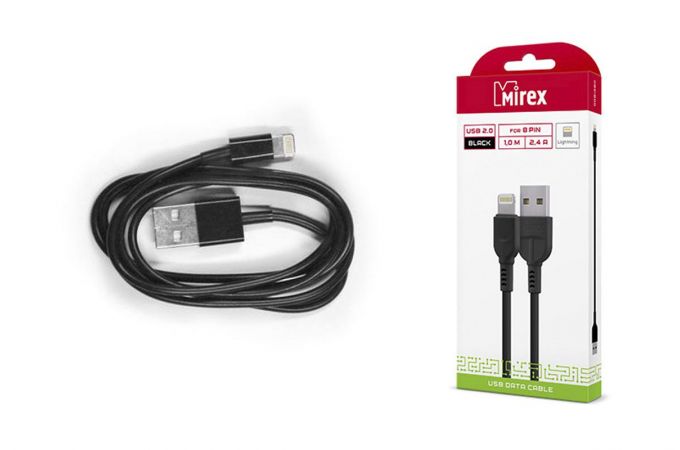 Кабель USB - Lightning Mirex USB 2.0 2.4A в коробке 1/48 (bc008i) (чёрный) 1м