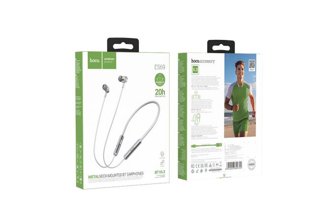 Наушники вакуумные беспроводные HOCO ES69 Platinum sports BT earphones headset Bluetooth (серый)