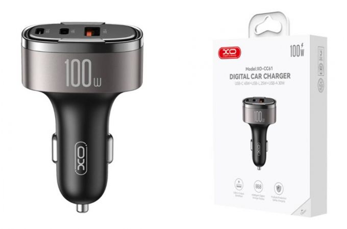 Автомобильное зарядное устройство XO CC61 Smart Car Charger (Apple Output) 100W /USB-A(30W)+Type-C(45W)+Lightning(25W) Silver