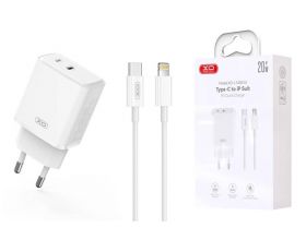 Сетевое зарядное устройство USB-C + USB-L (Lightning) +  кабель Lightning - Type-C XO L145 20W Bi-directional Reverse Charger Fast Charger White