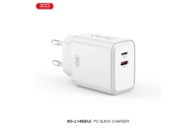Сетевое зарядное устройство USB-C + USB-L (Lightning) +  кабель Lightning - Type-C XO L145 20W Bi-directional Reverse Charger Fast Charger White