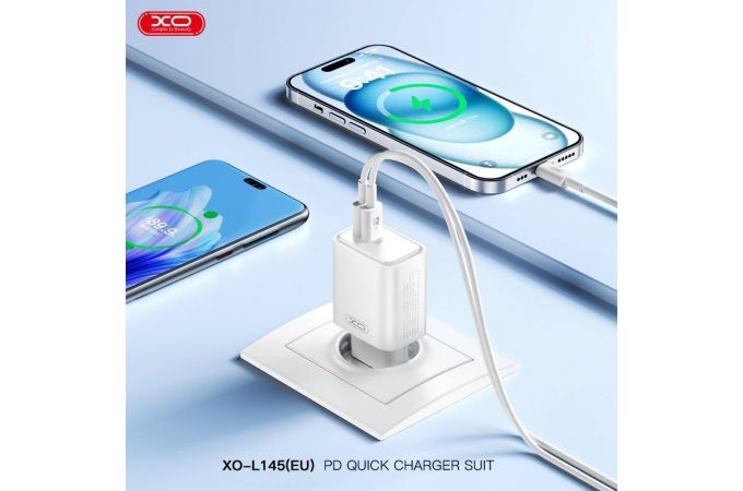 Сетевое зарядное устройство USB-C + USB-L (Lightning) +  кабель Lightning - Type-C XO L145 20W Bi-directional Reverse Charger Fast Charger White