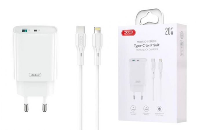 Сетевое зарядное устройство USB + USB-C + кабель Lightning-Type-C XO CE29 20W Fast Charger White