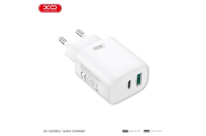 Сетевое зарядное устройство USB + USB-C + кабель Lightning-Type-C XO CE29 20W Fast Charger White