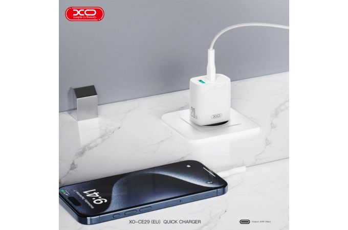 Сетевое зарядное устройство USB + USB-C + кабель Lightning-Type-C XO CE29 20W Fast Charger White