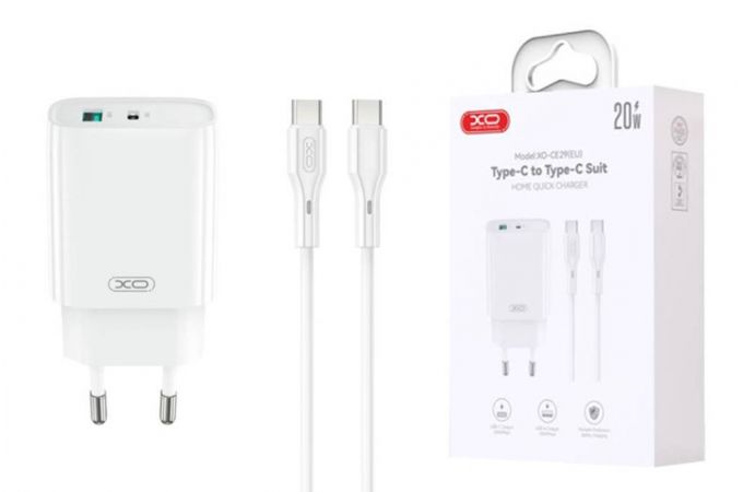 Сетевое зарядное устройство USB + USB-C + кабель Type-C – Type-C XO CE29 20W Fast Charger White