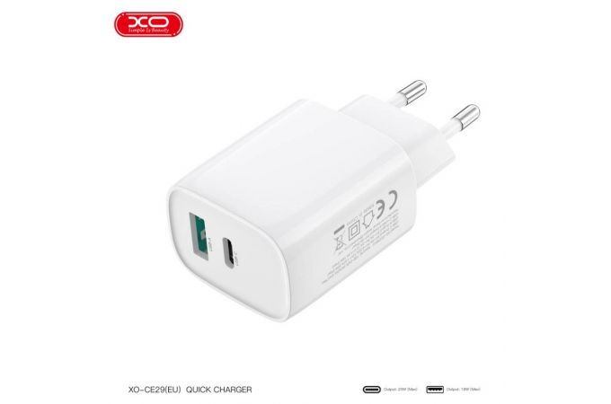 Сетевое зарядное устройство USB + USB-C + кабель Type-C – Type-C XO CE29 20W Fast Charger White