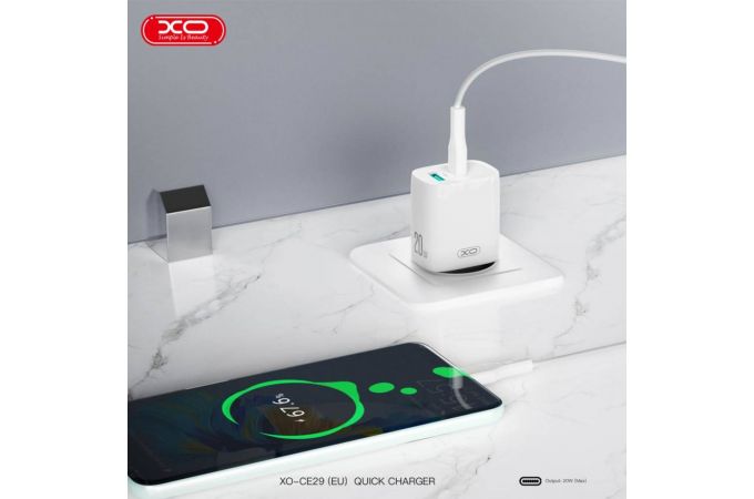 Сетевое зарядное устройство USB + USB-C + кабель Type-C – Type-C XO CE29 20W Fast Charger White