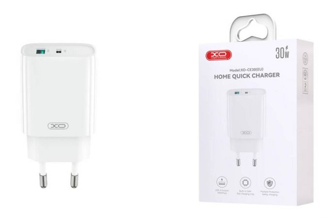 Сетевое зарядное устройство USB + USB-C XO CE30 30W  fast charger White