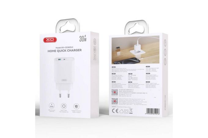 Сетевое зарядное устройство USB + USB-C XO CE30 30W  fast charger White