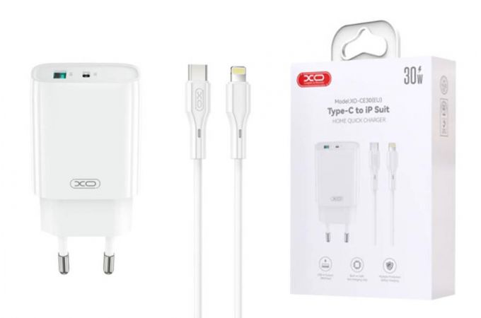 Сетевое зарядное устройство USB + USB-C + кабель Lightning-Type-C XO CE30 30W Fast Charger White