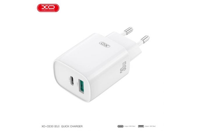 Сетевое зарядное устройство USB + USB-C + кабель Lightning-Type-C XO CE30 30W Fast Charger White