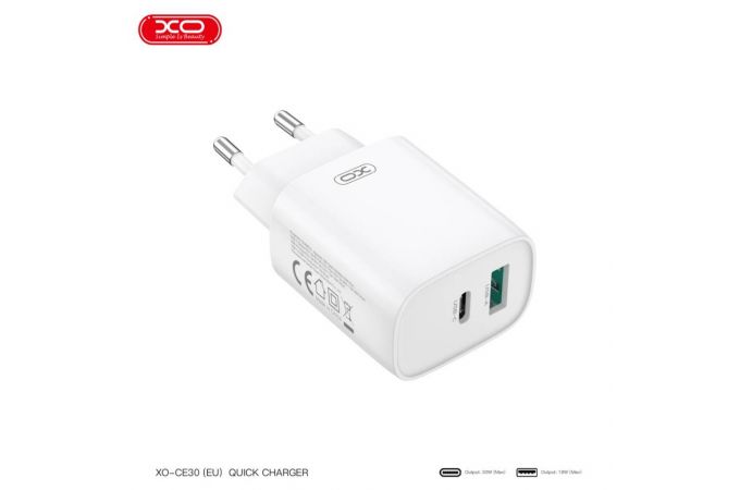 Сетевое зарядное устройство USB + USB-C + кабель Lightning-Type-C XO CE30 30W Fast Charger White