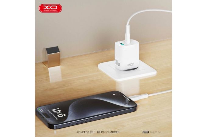 Сетевое зарядное устройство USB + USB-C + кабель Lightning-Type-C XO CE30 30W Fast Charger White