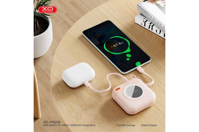 Универсальный дополнительный аккумулятор Power Bank XO PR258 self type-c cable, apple cable digital fast charger 22.5W/20W 10000mAh pink