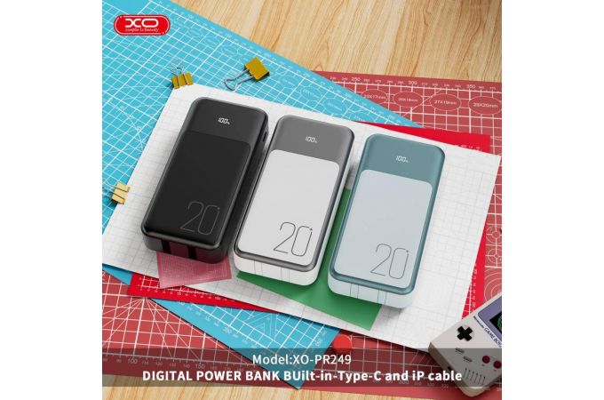 Универсальный дополнительный аккумулятор Power Bank XO PR249 USB-C 20W / USB-A 22.5W (comes with TYPE-C, Lightning cable) 20000mAh White