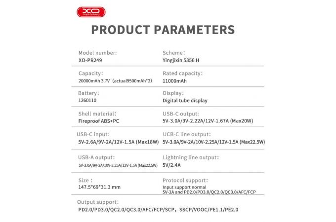 Универсальный дополнительный аккумулятор Power Bank XO PR249 USB-C 20W / USB-A 22.5W (comes with TYPE-C, Lightning cable) 20000mAh White