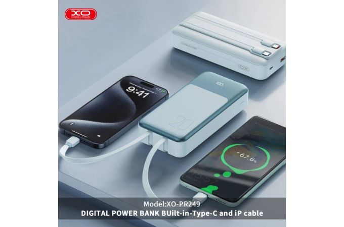 Универсальный дополнительный аккумулятор Power Bank XO PR249 USB-C 20W / USB-A 22.5W Digital Display Fast Charging 20000mAh Blue