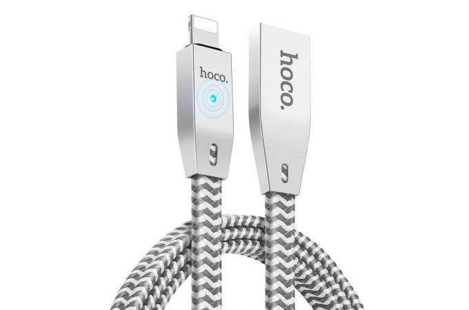 Кабель USB - Lightning HOCO U11, 2,4A (серебристый) 1м (в оплетке, LED индикатор)