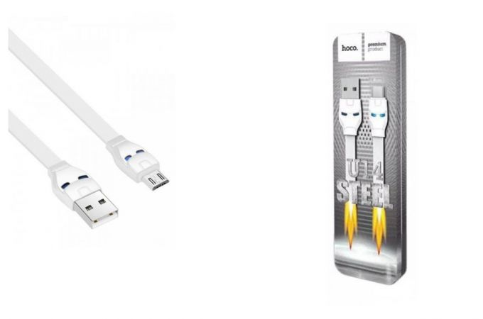 Кабель USB - MicroUSB HOCO U14 2,4A (белый) 1м (в оплетке,LED индикатор)