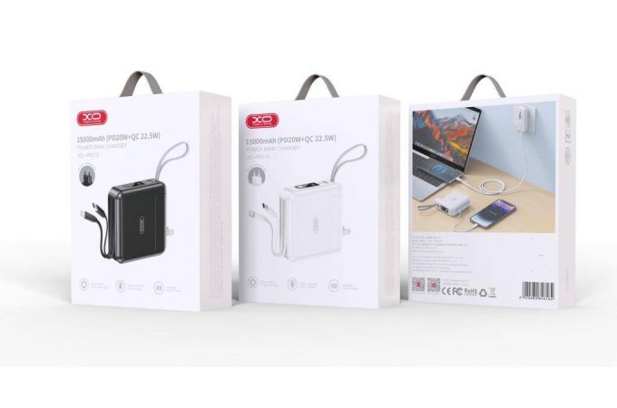 Универсальный дополнительный аккумулятор Power Bank XO PR215 PD20W+QC22.5W US wall plug rechargeable battery with iP/TYPE-C cable 15000mAh White