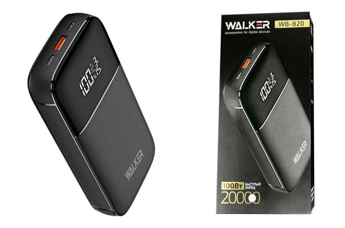 Универсальный дополнительный аккумулятор Power Bank Walker WB-820, Li-Pol, 100W, поддержка QC+PD, (20000 mAh) черный