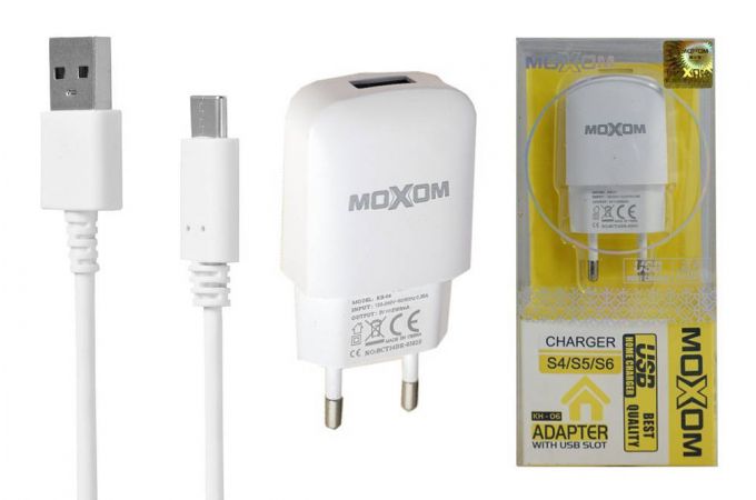 Сетевое зарядное устройство USB + кабель Type-C MOXOM  KH-06 в упаковке 2100 mAh