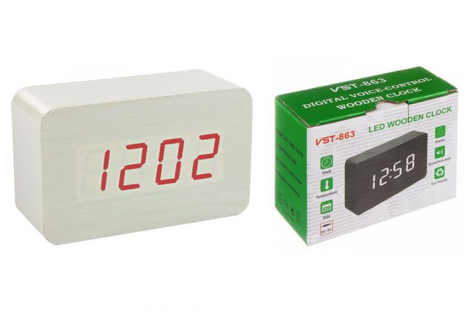 Часы настольные VST 863-1 (Красные цифры, белый корпус) (без блока)