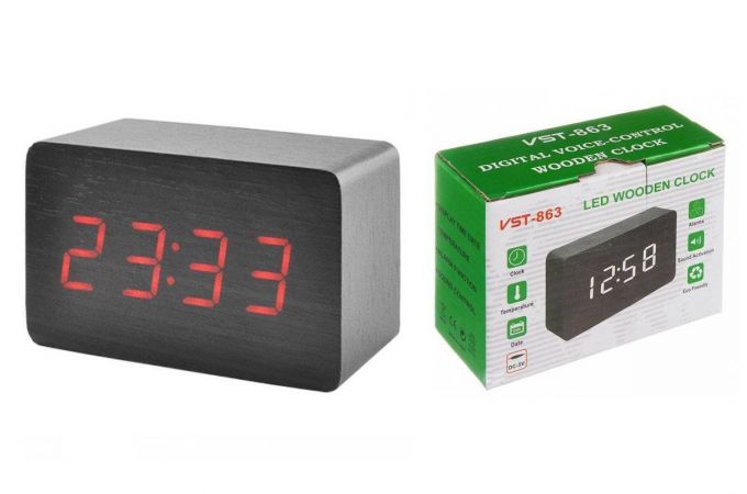 Часы настольные VST 863-1 (Красные цифры, черный корпус) (без блока)