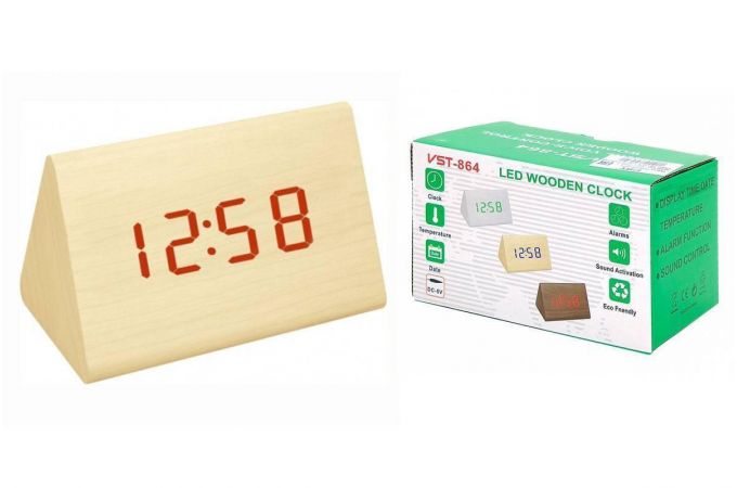 Часы настольные VST 864-1 (Красные цифры, светло-коричневый корпус) (без блока)