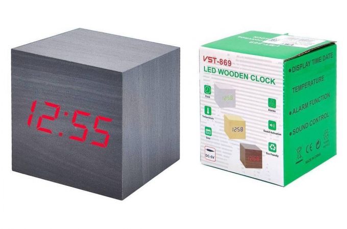 Часы настольные VST 869-1 (Красные цифры, черный корпус) (без блока)