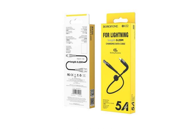 Кабель USB - Lightning BOROFONE BX32, 2,4A (черный) 0.25м (в оплетке, с усилением сгиба)