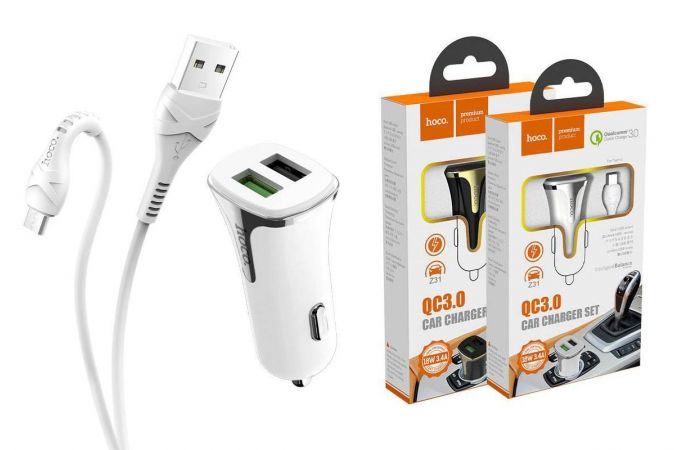 Автомобильное зарядное устройство АЗУ 2USB + кабель MicroUSB HOCO Z31 Universe 2400mAh QC3.0 (белый)