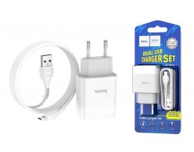 Сетевое зарядное устройство 2USB + кабель MicroUSB HOCO C73A 2400mAh (белый)