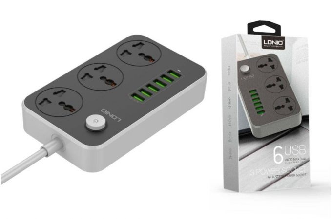 Сетевой фильтр LDNIO SC3604 (2м, 3 розетки (медь), 6 USB, серый)