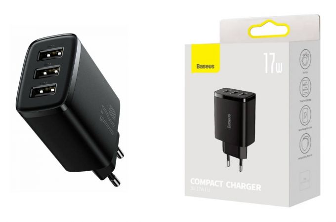 Сетевое зарядное устройство BASEUS Compact Charger 3U 3*USB, 3.4A, 17W, черный
