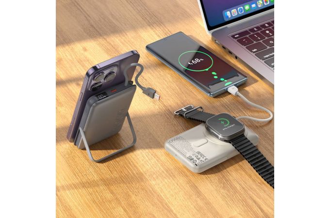 Универсальный дополнительный аккумулятор Power Bank HOCO Q43 Clever dual PD20W with cable watch charger holder (10000mAh) (серый металл)