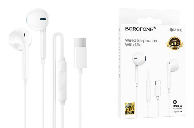 Наушники вакуумные проводные BOROFONE BM100 Fuente разъем Type-C (белый)