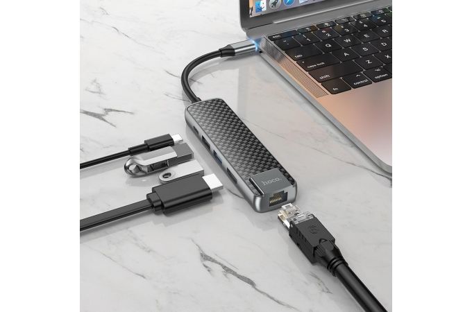 Разветвитель USB HUB HOCO HB23 Type-C (M) --> HDMI (F) + USB3.0 (F) + USB2.0 (F) + RJ45 (F) + PD (F)