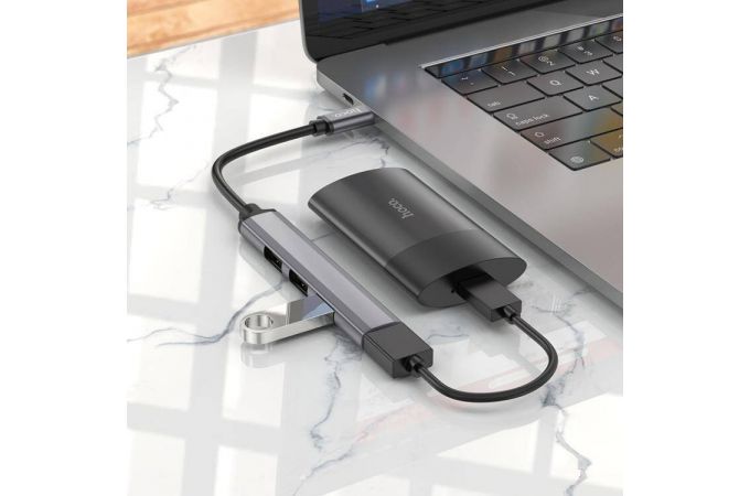 Разветвитель USB-C HUB HOCO HB26 на 4 порта 1xUSB3.0 + 3xUSB2.0 (серый металлик)
