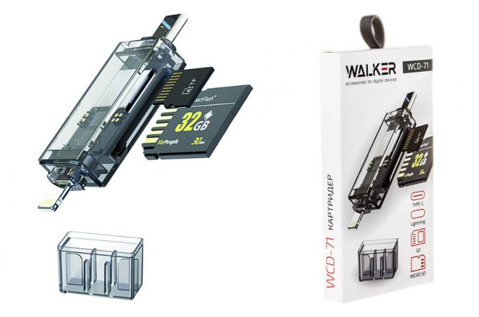 Картридер WALKER WCD-71 (SD/micro SD), Type-C-Lightning