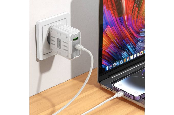 Сетевое зарядное устройство USB + USB-C HOCO C138A Rock PD65W+QC3.0 (белый)