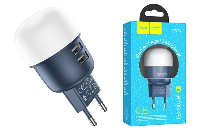 Сетевое зарядное устройство 2USB HOCO C87A Sparkle с ночным светильником (синий)