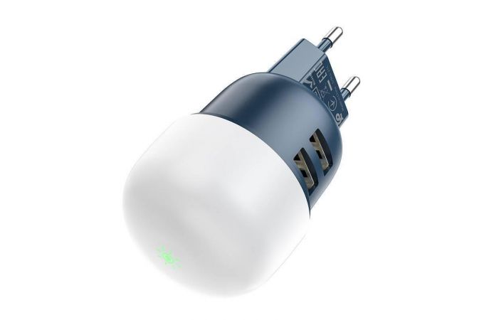 Сетевое зарядное устройство 2USB HOCO C87A Sparkle с ночным светильником (синий)